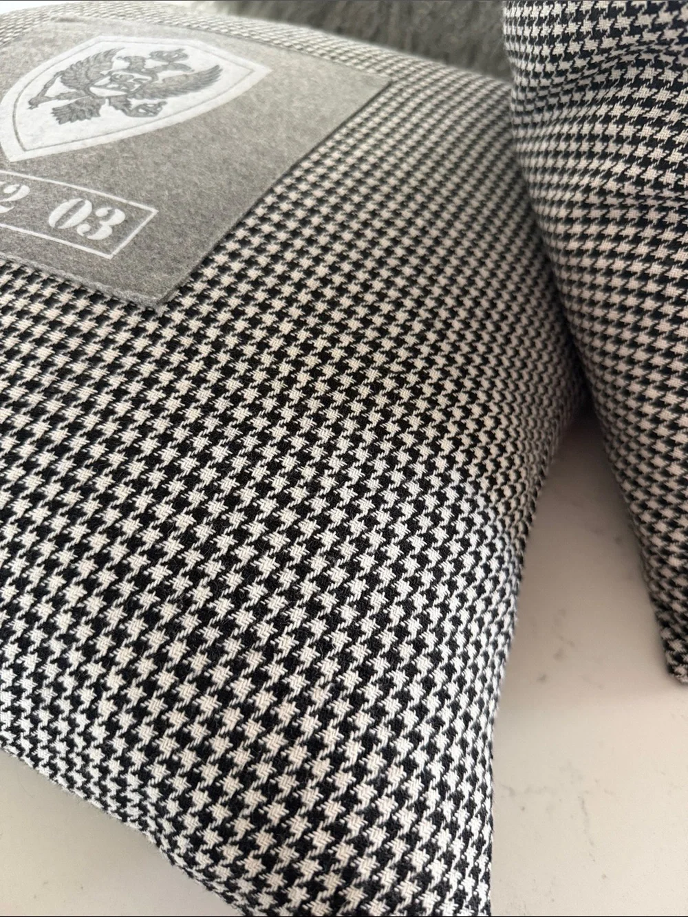 Pair of Houndstooth Decorative Pillows with Crest Patch - Black & White
